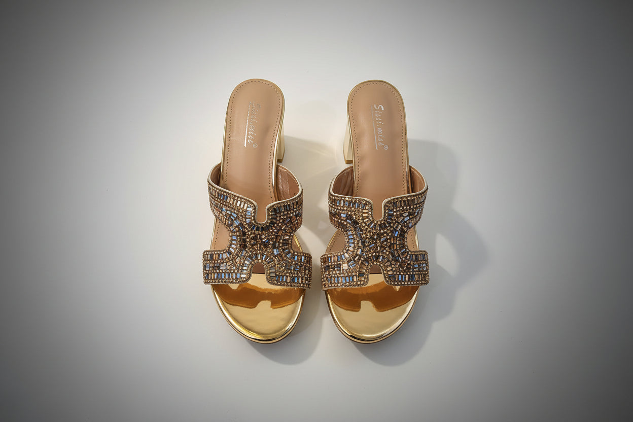 Champagne High-Heel Pantoletten mit Strassbesatz