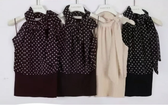Punktebluse mit Schleifenkragen