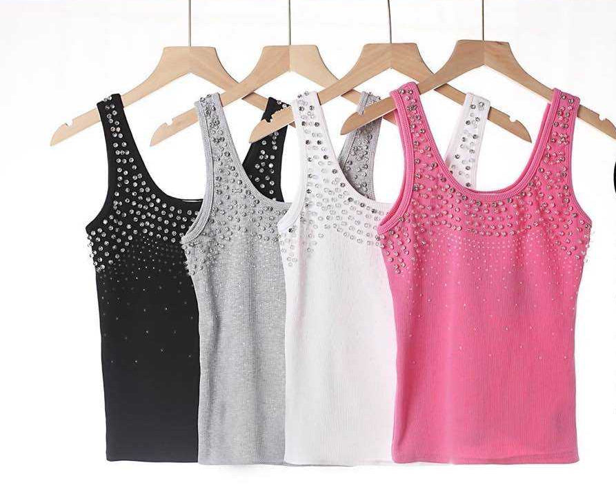 Ripp-Tanktop mit Strasssteinen