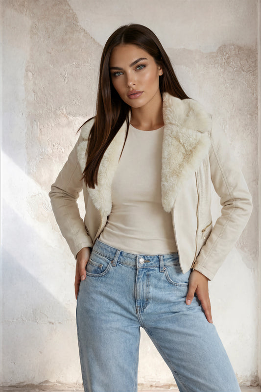 Lederjacke mit Fell und Doppelverschluss