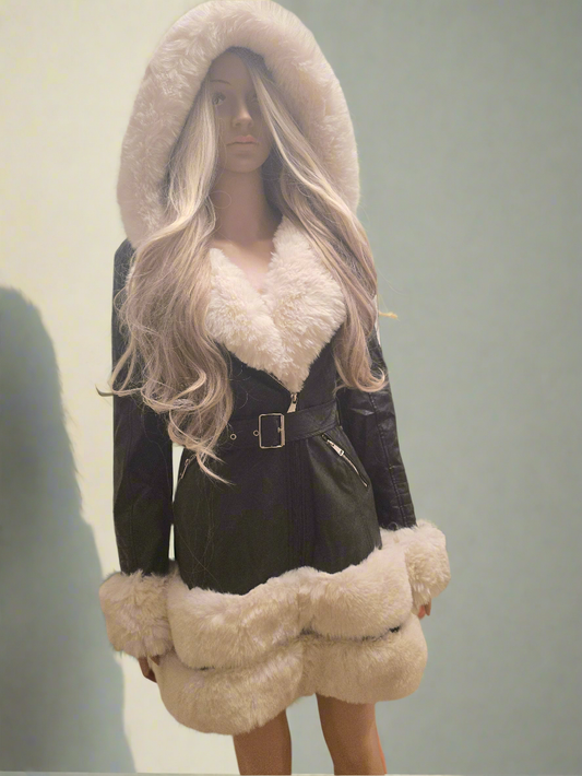 Lange Lederjacke mit Fell und Kapuze