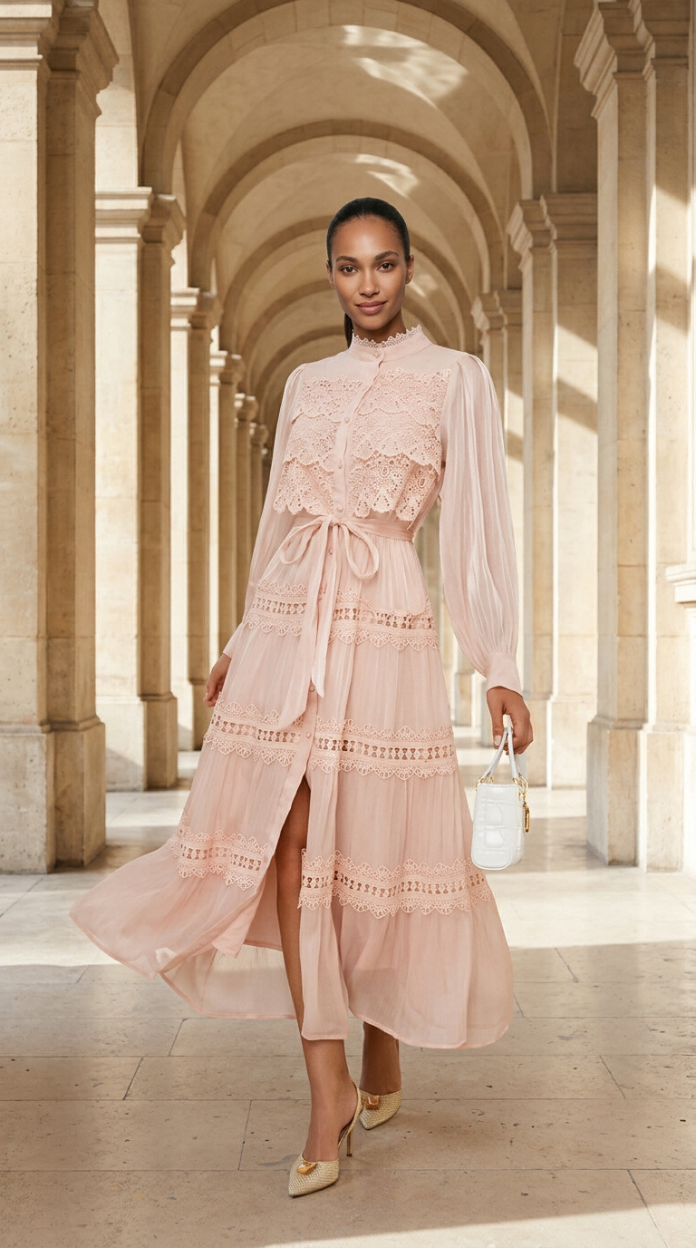 Elegantes Chiffon-Maxikleid mit Häkelspitze