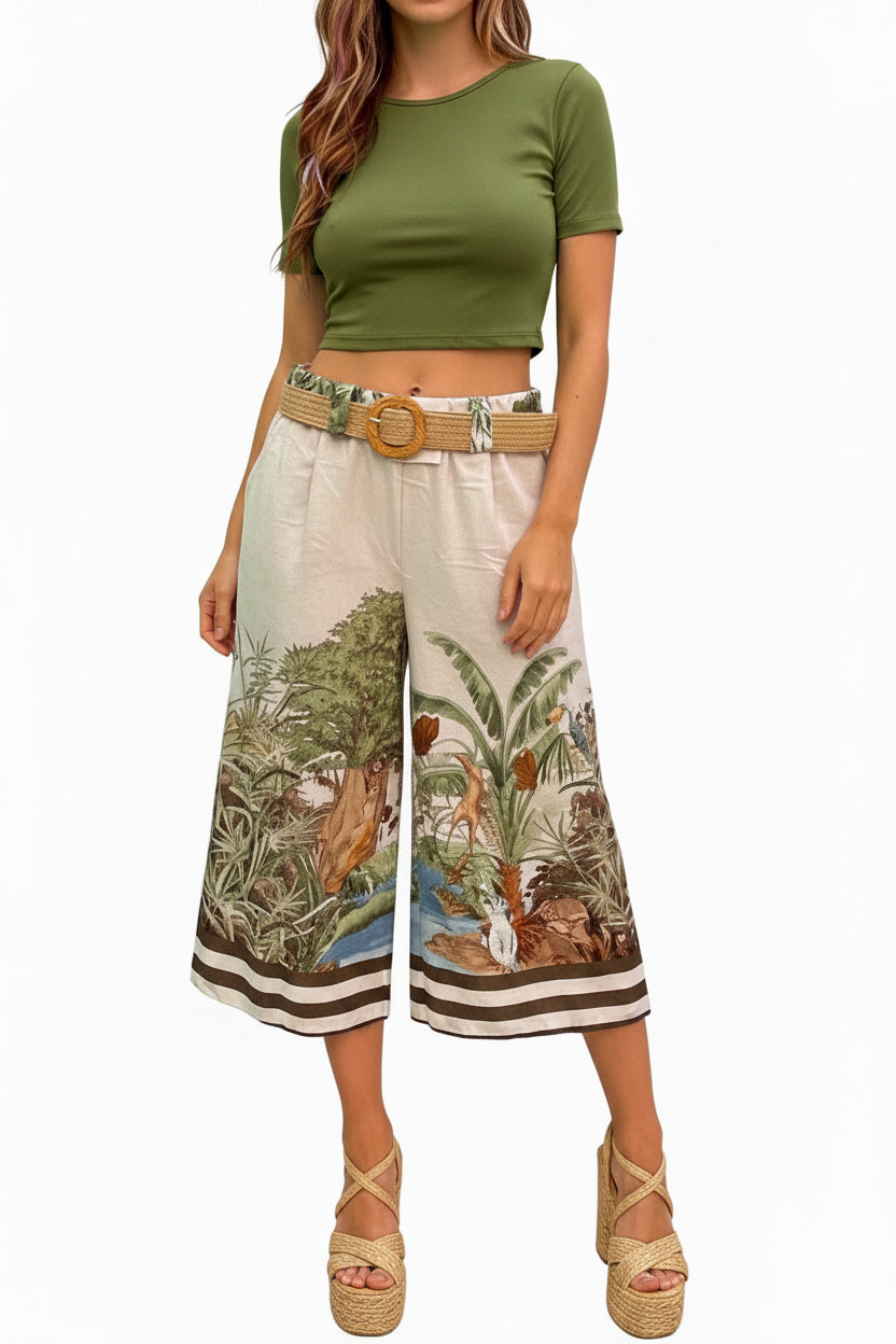 Tropical Print Culotte mit Flechtgürtel