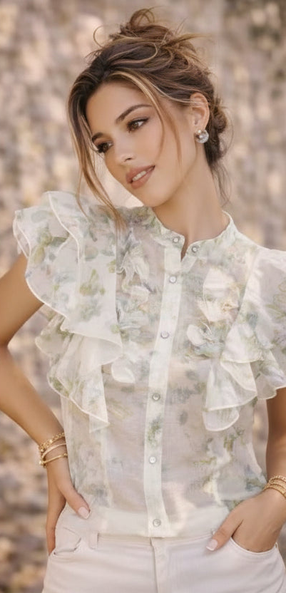 Bluse mit Blumen und Strassknöpfe