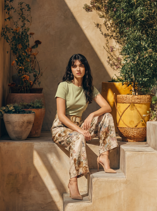 Florale Palazzo-Hose mit Flechtgürtel