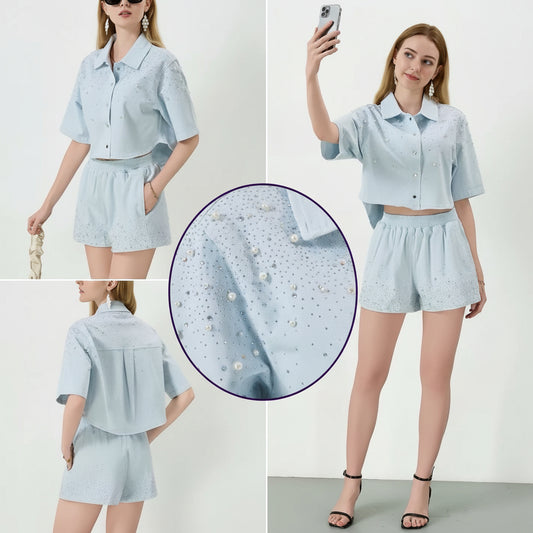 Perlenbestückte Jeansshorts