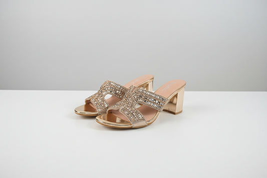 Champagne High-Heel Pantoletten mit Strassbesatz