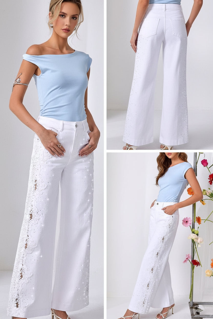 Weiße Jeans mit seitlicher Spitze