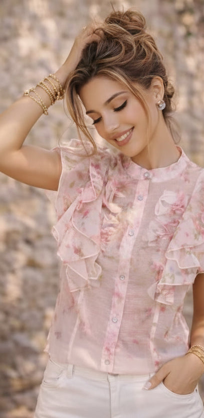 Bluse mit Blumen und Strassknöpfe