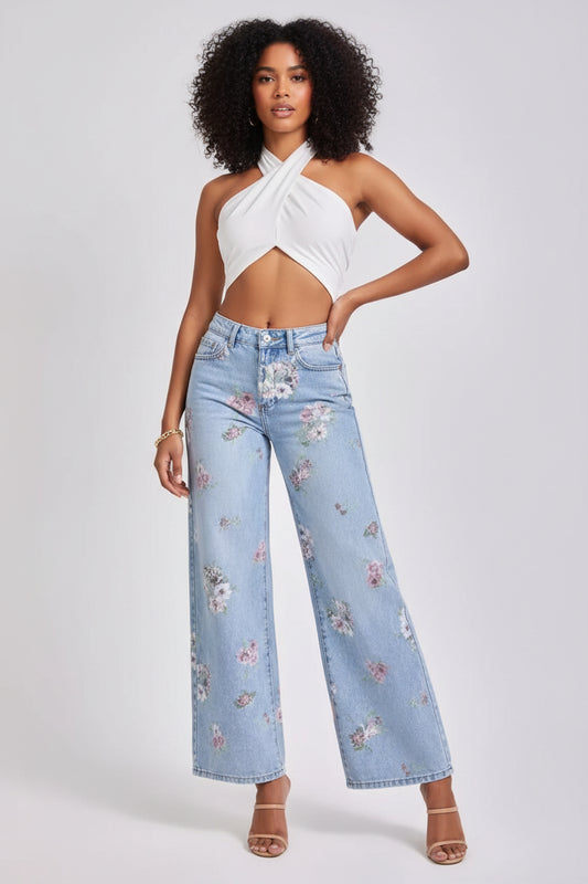 Jeans Wide Leg mit Blumen