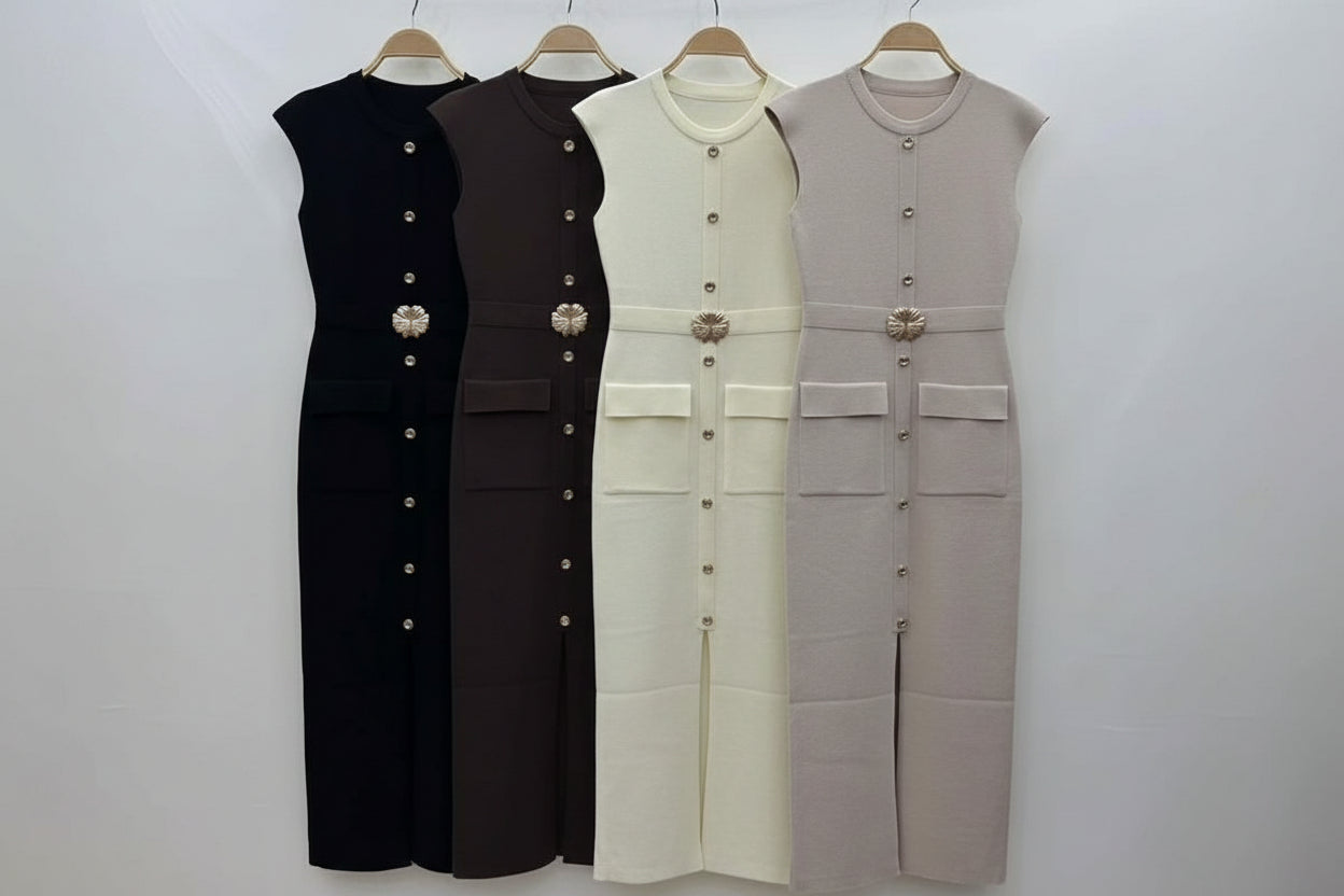 Langes Kleid mit goldenen Knöpfen