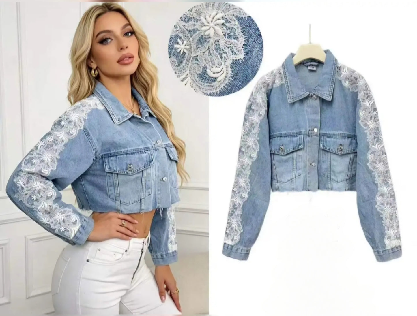 Jeansjacke mit Spitzenbesatz