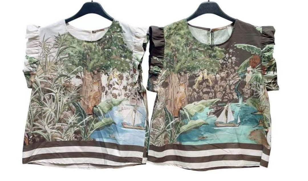 Tropical Print Blusentop mit Volantärmeln