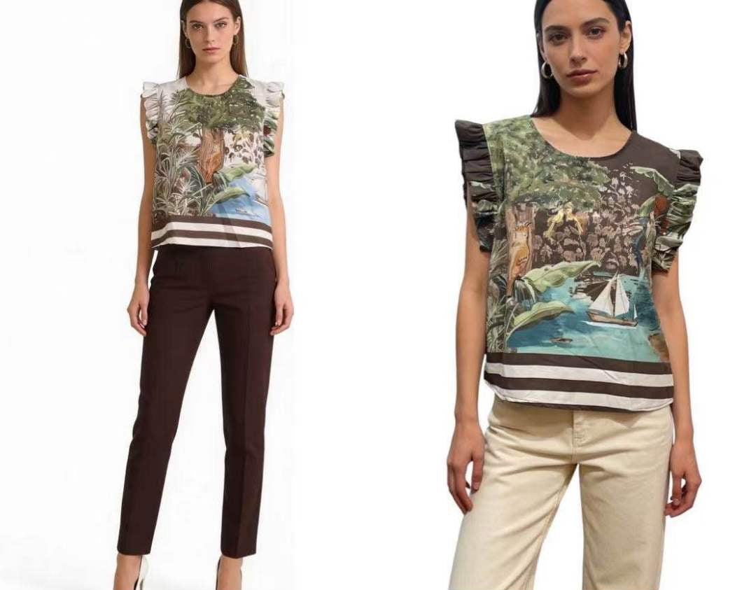 Tropical Print Blusentop mit Volantärmeln