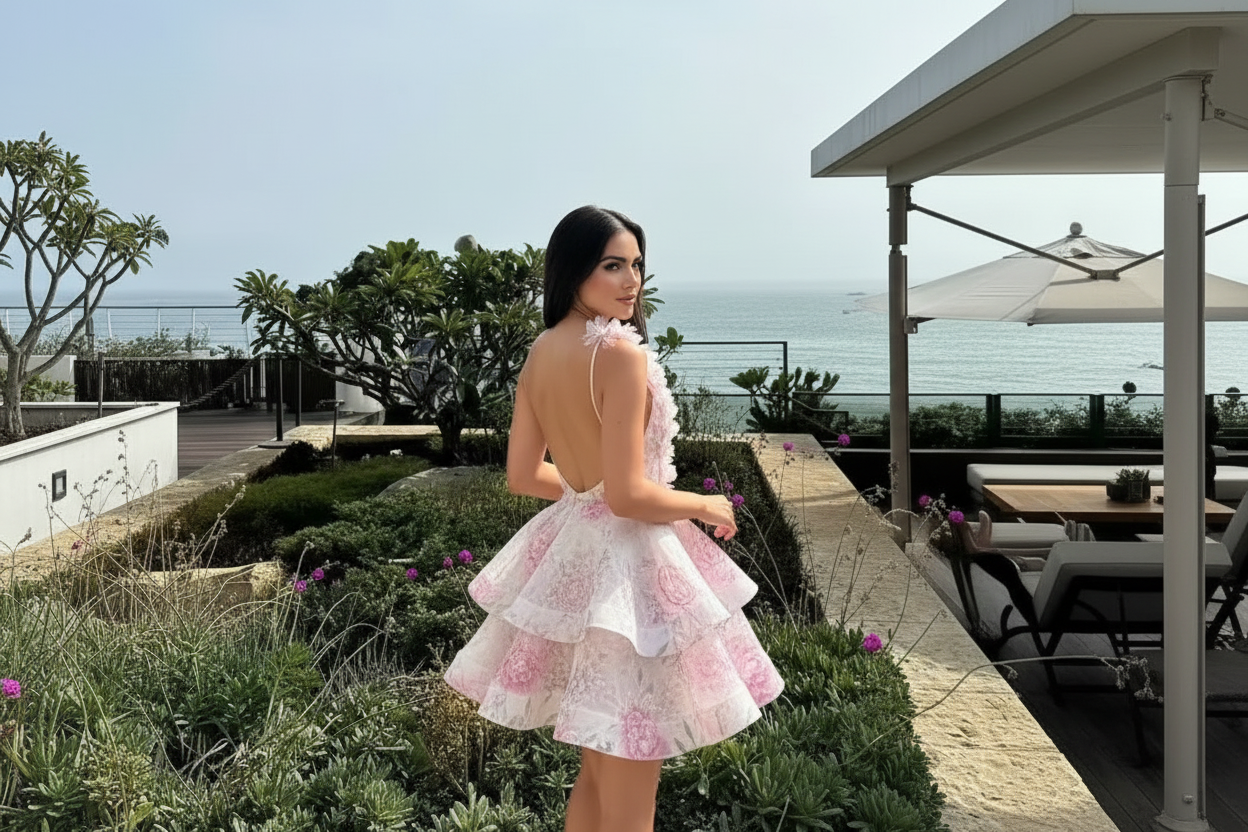 kurzes Kleid mit Tüll und Blumenträger