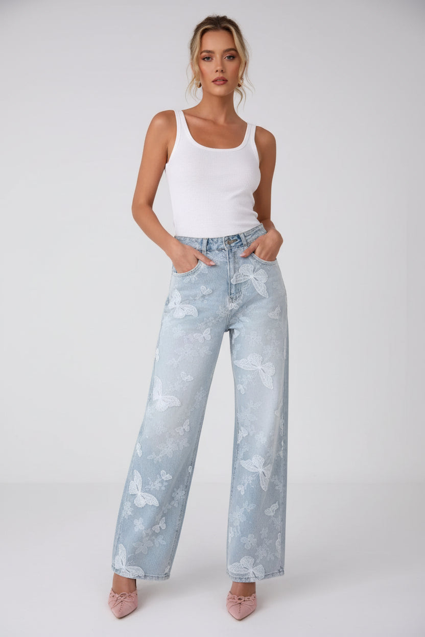 Jeans Wide Leg mit Schmetterling