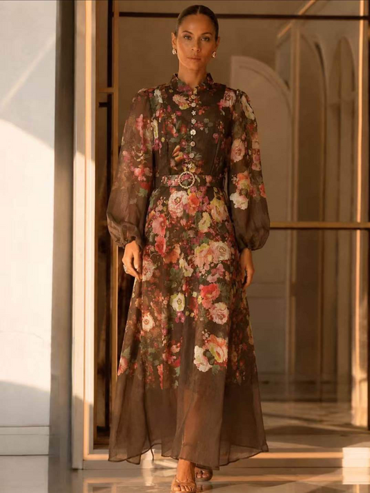 Florales Maxikleid mit Schmuckknöpfen
