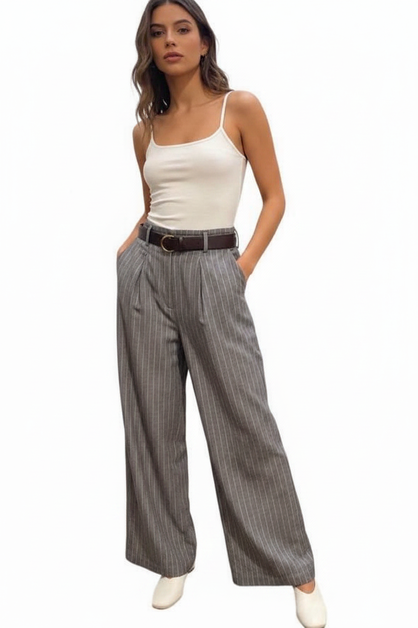 Wide Leg Hose mit Nadelstreifen aus Leinenmix